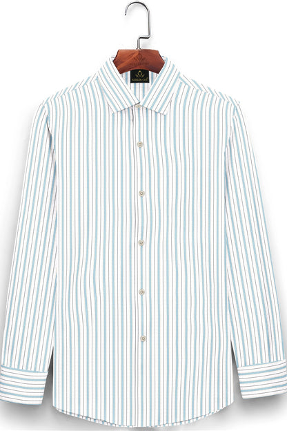 White with Turquoise Blue and Black Stripes Premium Cotton Shirts