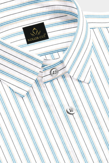 White with Turquoise Blue and Black Stripes Premium Cotton Shirts