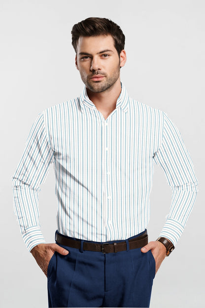 White with Turquoise Blue and Black Stripes Premium Cotton Shirts