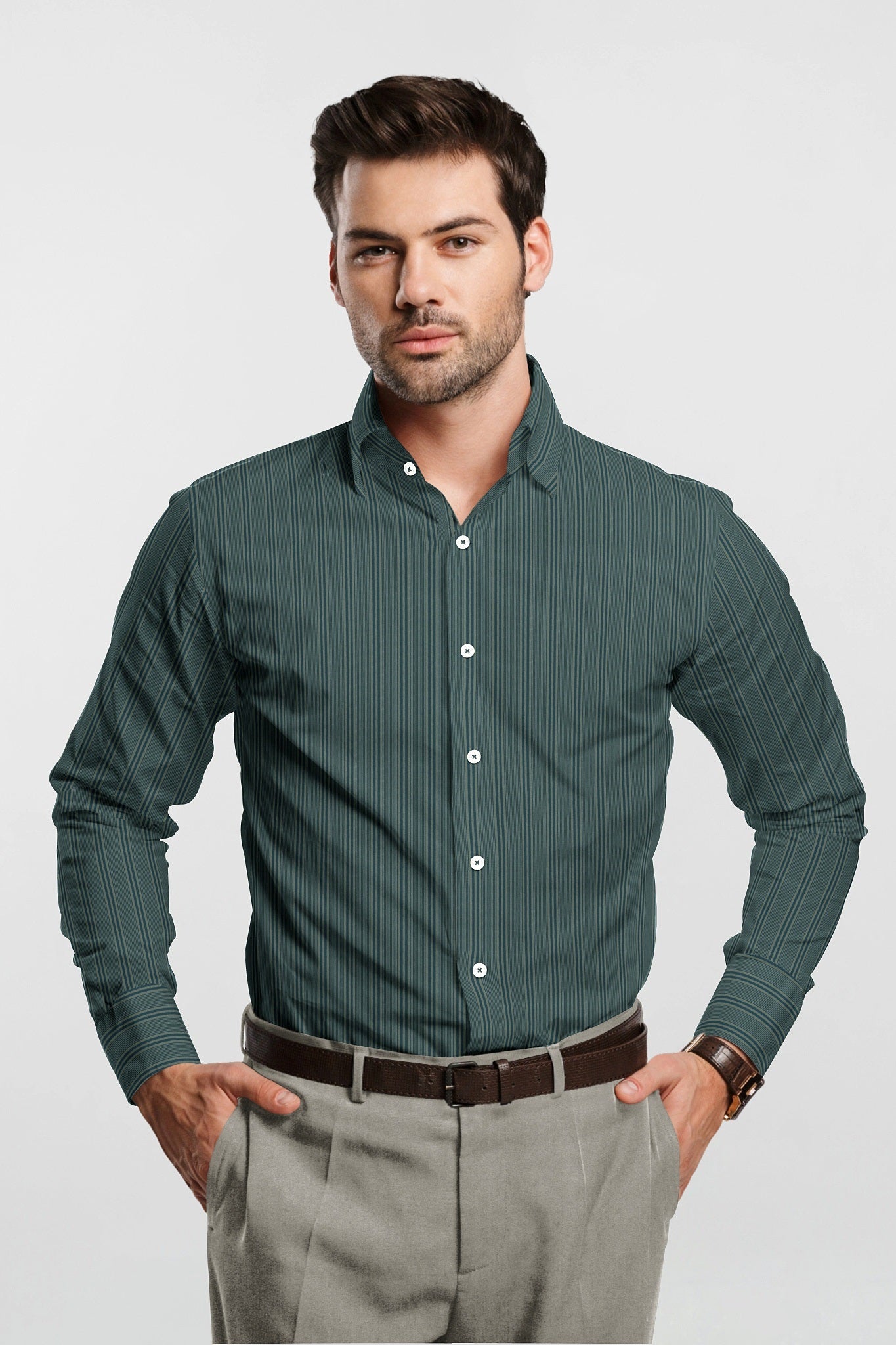 Lyons Blue and Fluorite Green Multitrack Stripes Premium Cotton Shirt