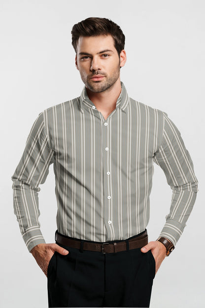 Elm Green with Dolphin Gray and Pristine Cream Stripes Premium Cotton Shirt