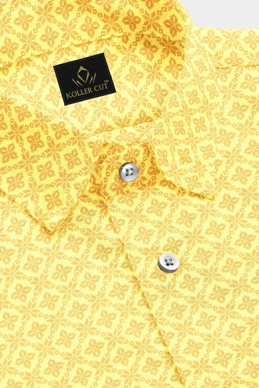 Turmeric Yellow and Golden Brown Flower Printed Cotton Shirt