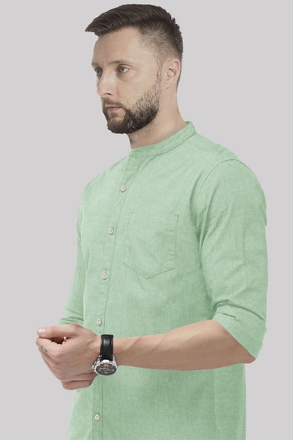Lichen Green Mandarin Collar Plain Oxford Cotton Formal Shirt
