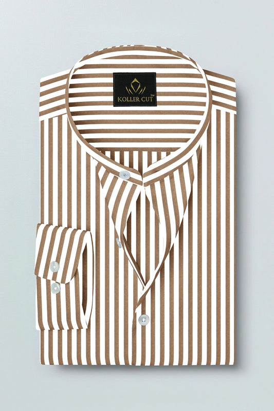 White and Antler Brown Candy Stripe Mandarin Collar Cotton Shirt