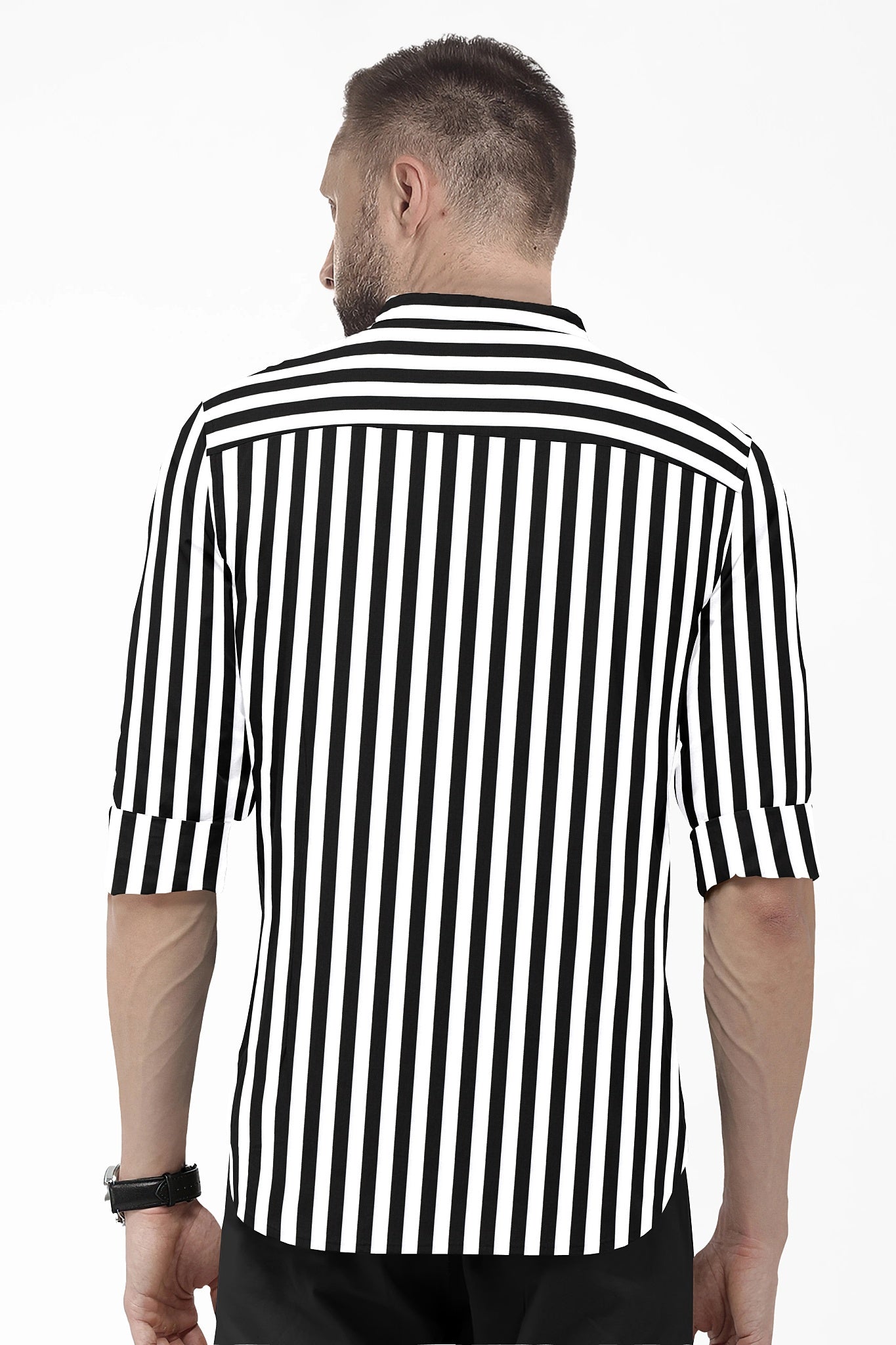 White and Jet Black Chalk Stripes Mandarin Collar Cotton Shirt