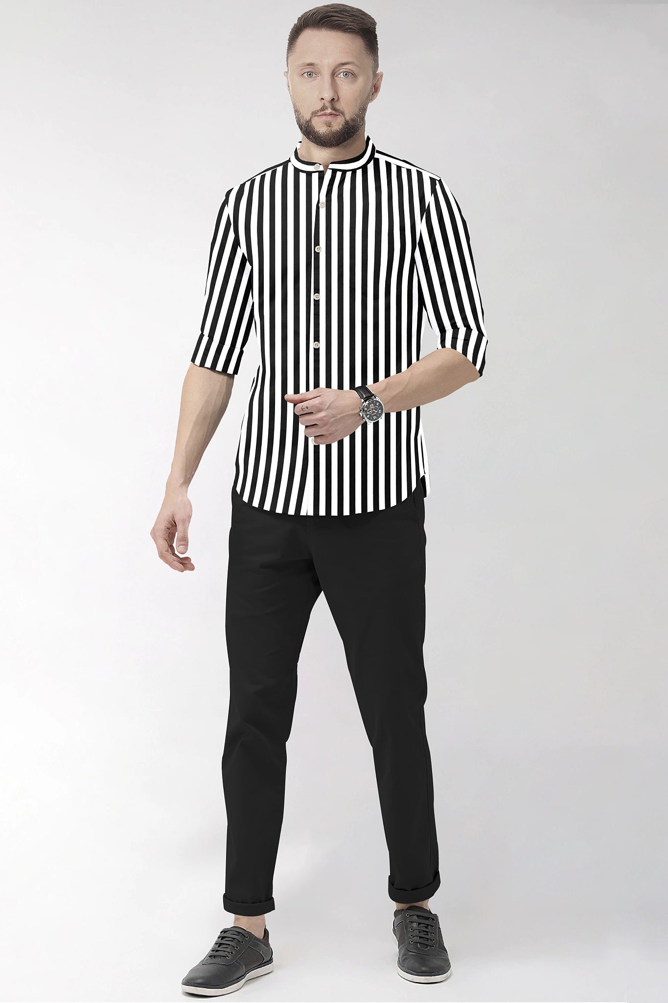 White and Jet Black Chalk Stripes Mandarin Collar Cotton Shirt
