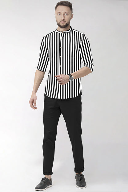 White and Jet Black Chalk Stripes Mandarin Collar Cotton Shirt