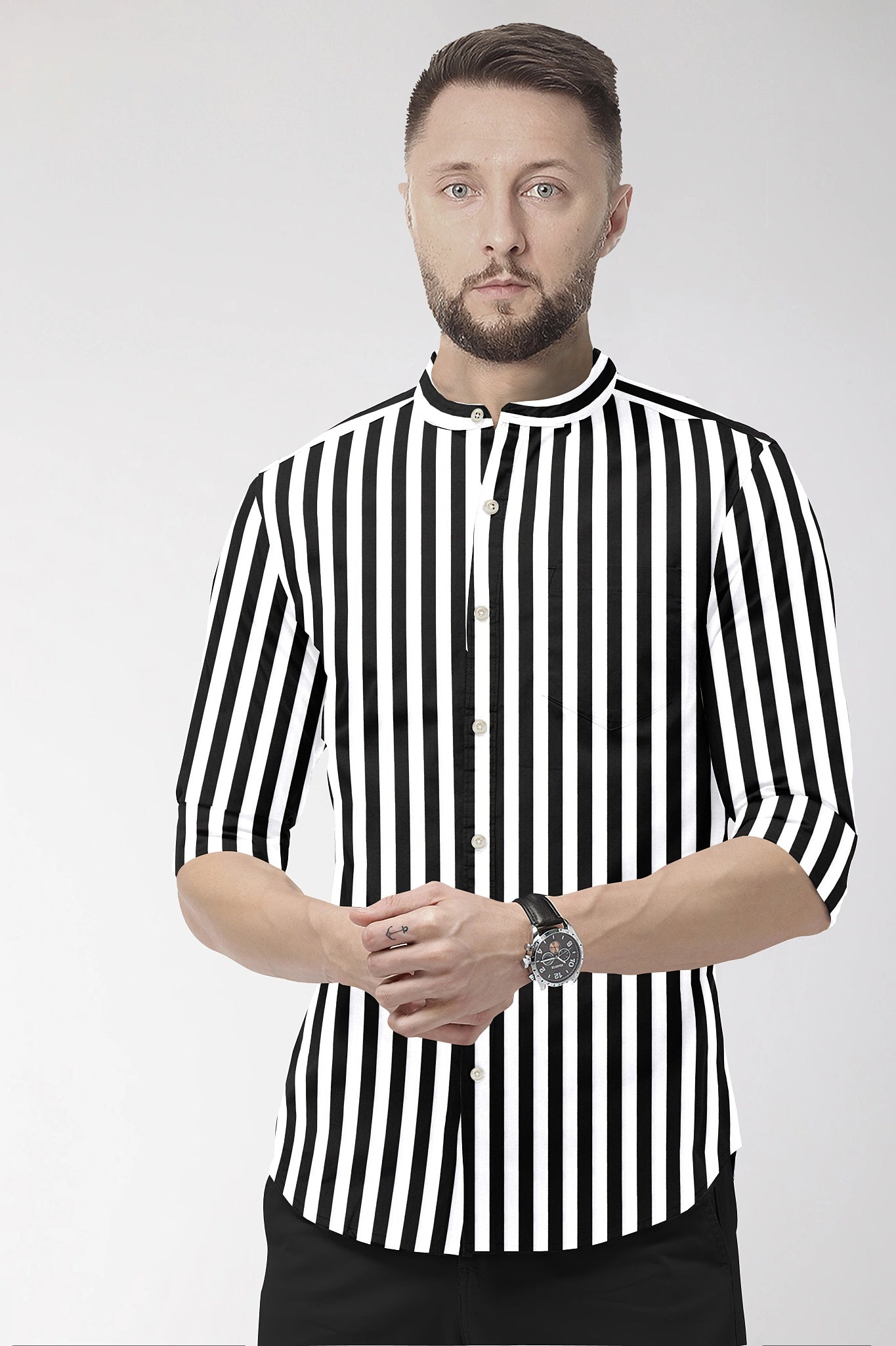 White and Jet Black Chalk Stripes Mandarin Collar Cotton Shirt