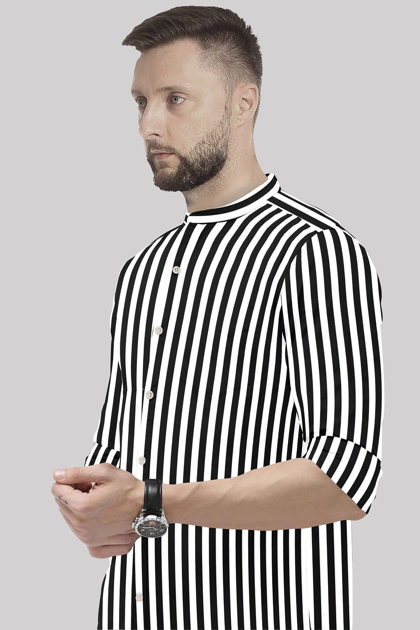 White and Jet Black Chalk Stripes Mandarin Collar Cotton Shirt