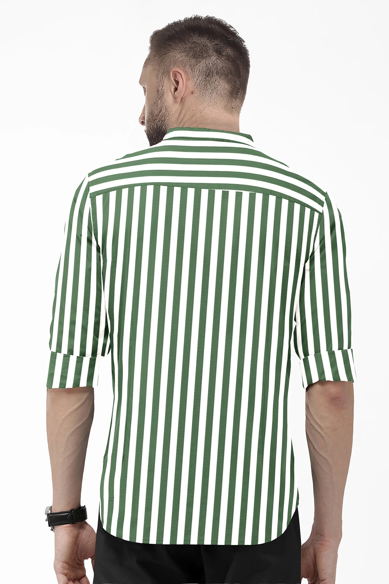 White with Loden Frost Green Candy Stripes Mandarin Collar Cotton Shirt