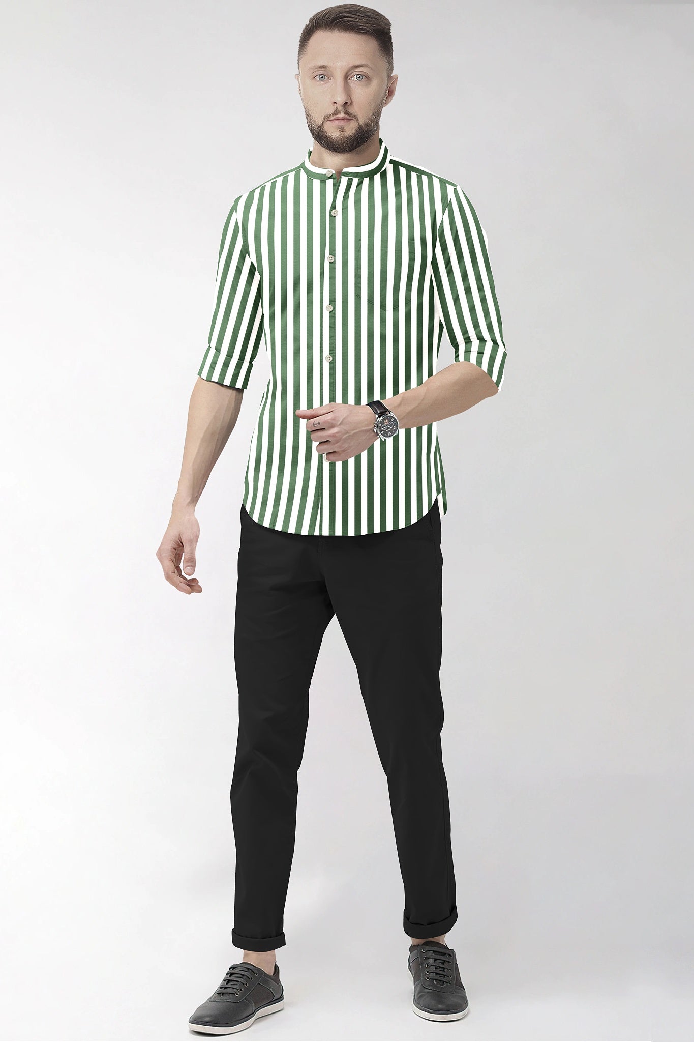 White with Loden Frost Green Candy Stripes Mandarin Collar Cotton Shirt