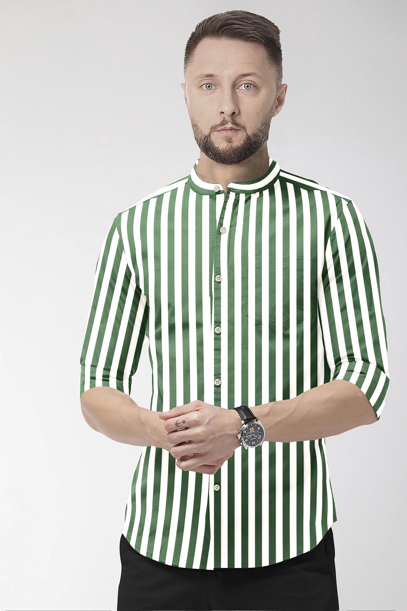 White with Loden Frost Green Candy Stripes Mandarin Collar Cotton Shirt