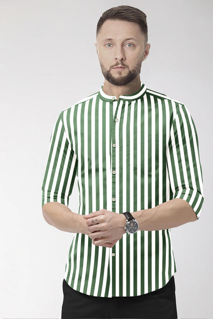 White with Loden Frost Green Candy Stripes Mandarin Collar Cotton Shirt