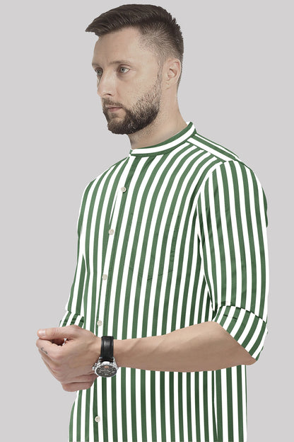 White with Loden Frost Green Candy Stripes Mandarin Collar Cotton Shirt