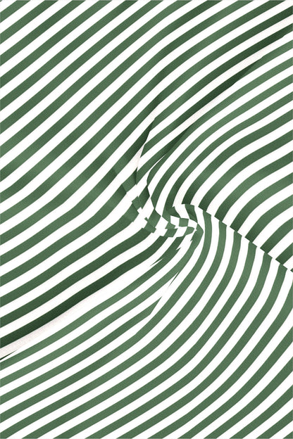 White with Loden Frost Green Candy Stripes Mandarin Collar Cotton Shirt