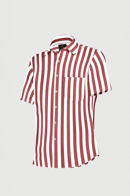 White and Brick Red Awning Stripes Cotton Shirt
