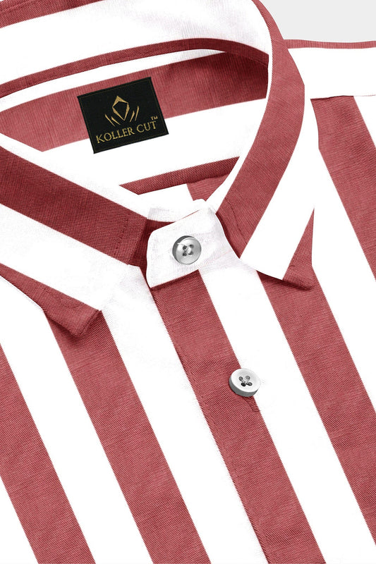 White and Brick Red Awning Stripes Cotton Shirt