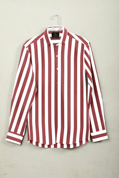 White and Brick Red Awning Stripes Cotton Shirt