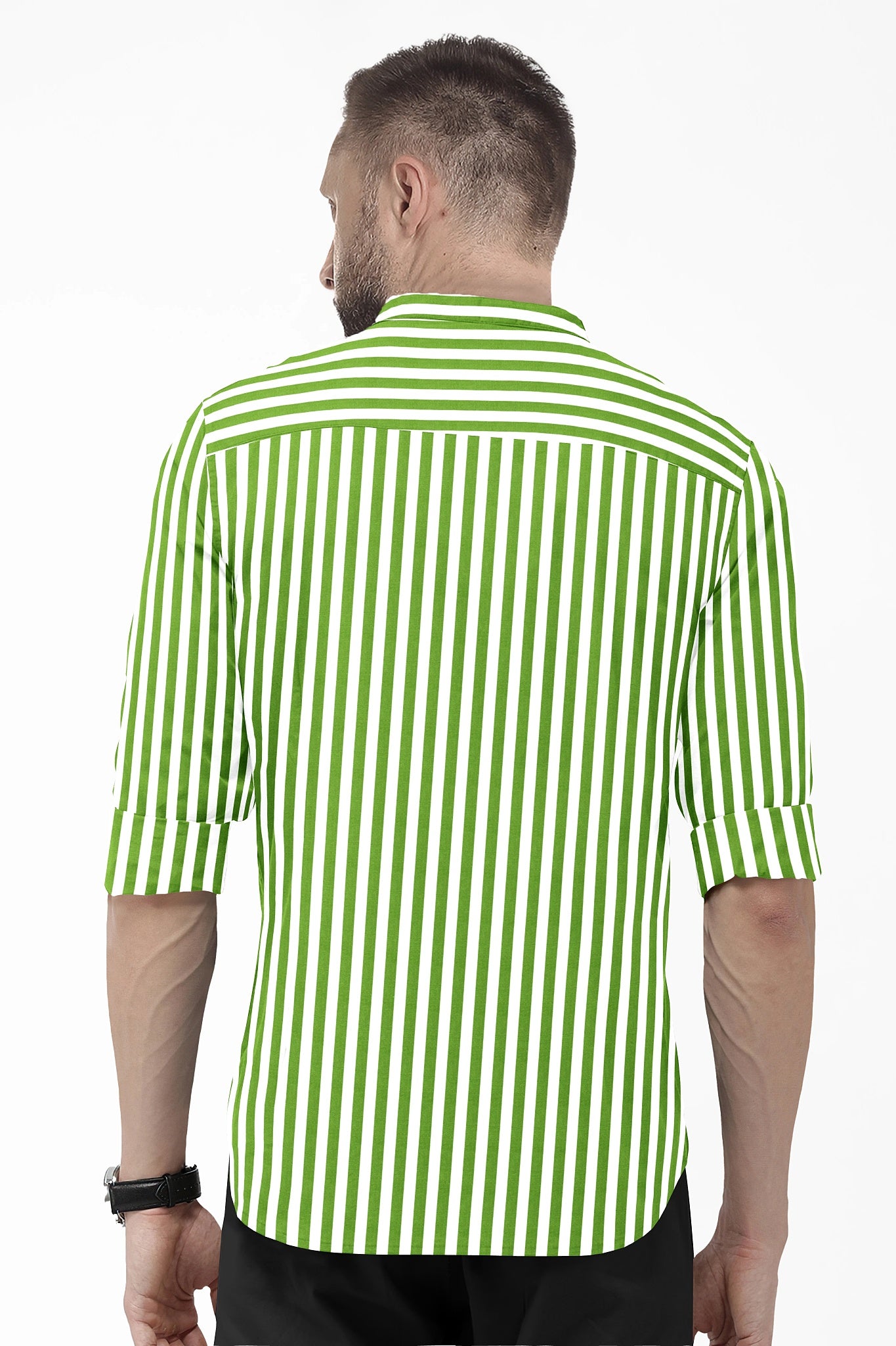 White and Kiwi Green Chalk Stripes Mandarin Collar Cotton Shirt 