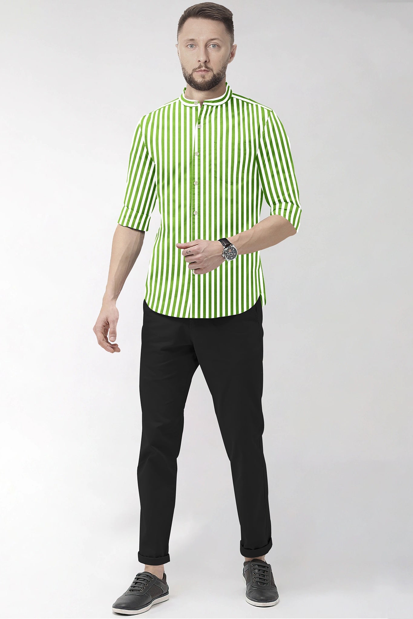 White and Kiwi Green Chalk Stripes Mandarin Collar Cotton Shirt 