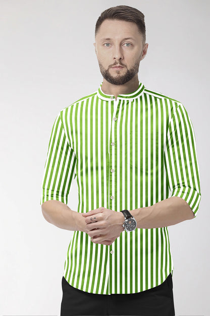 White and Kiwi Green Chalk Stripes Mandarin Collar Cotton Shirt 