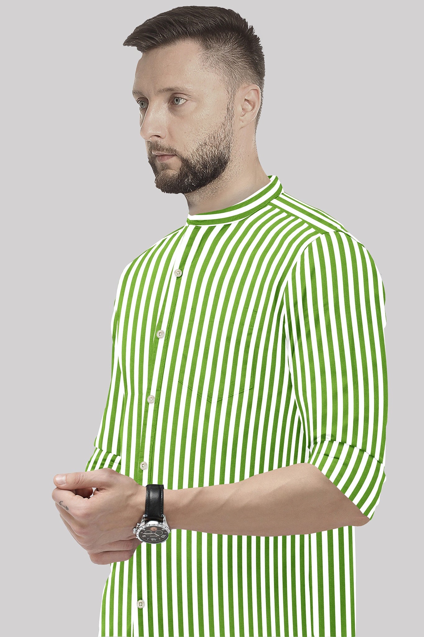 White and Kiwi Green Chalk Stripes Mandarin Collar Cotton Shirt 