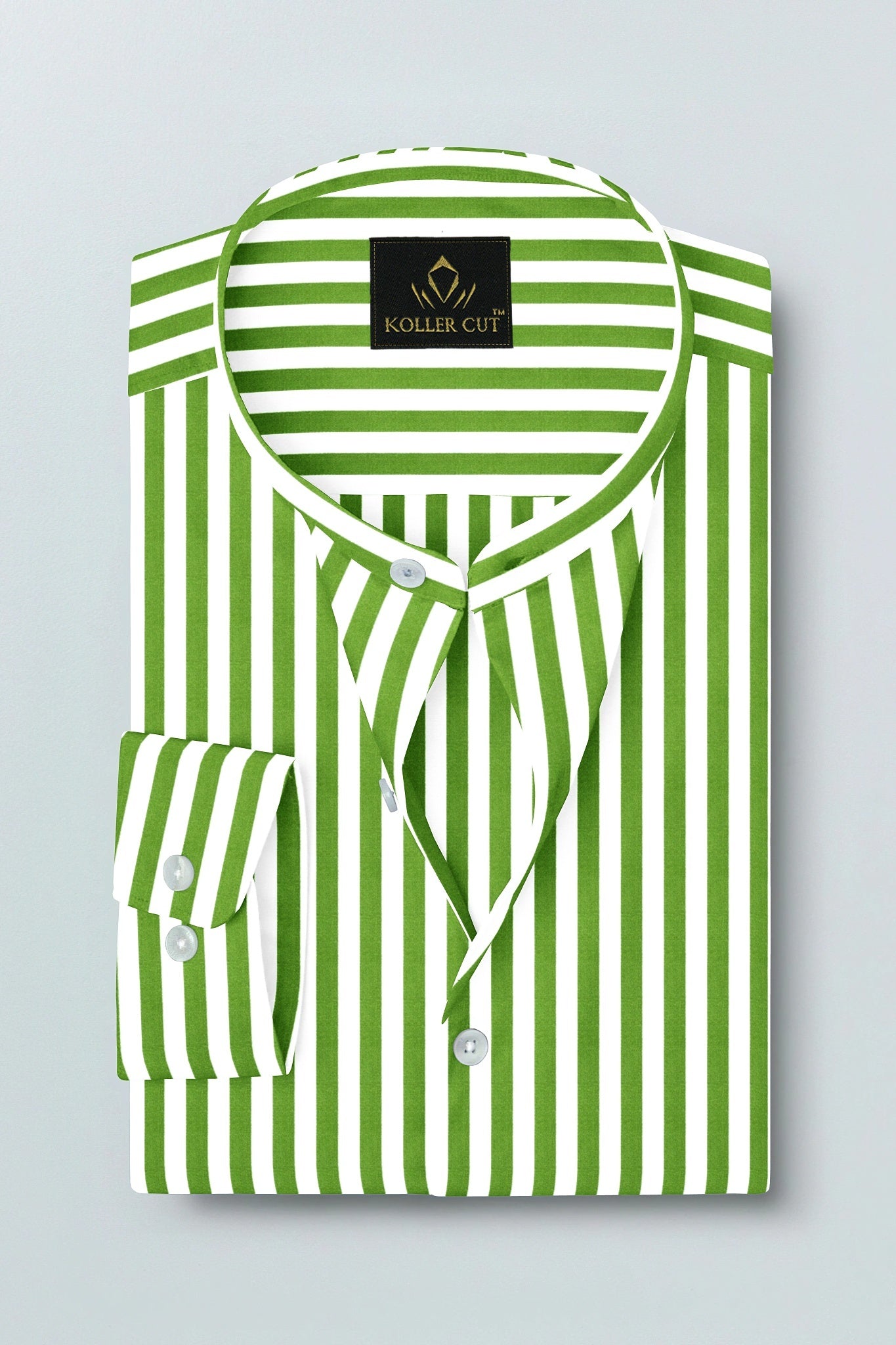 White and Kiwi Green Chalk Stripes Mandarin Collar Cotton Shirt 