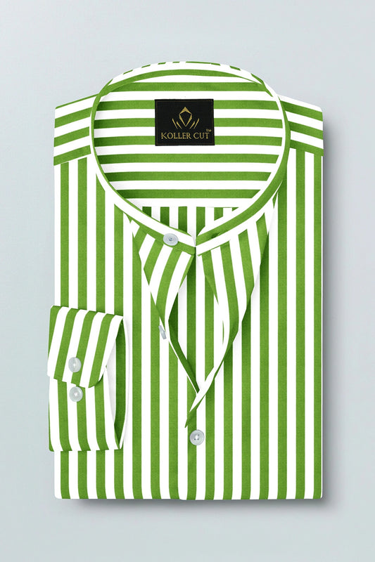 White and Kiwi Green Chalk Stripes Mandarin Collar Cotton Shirt 