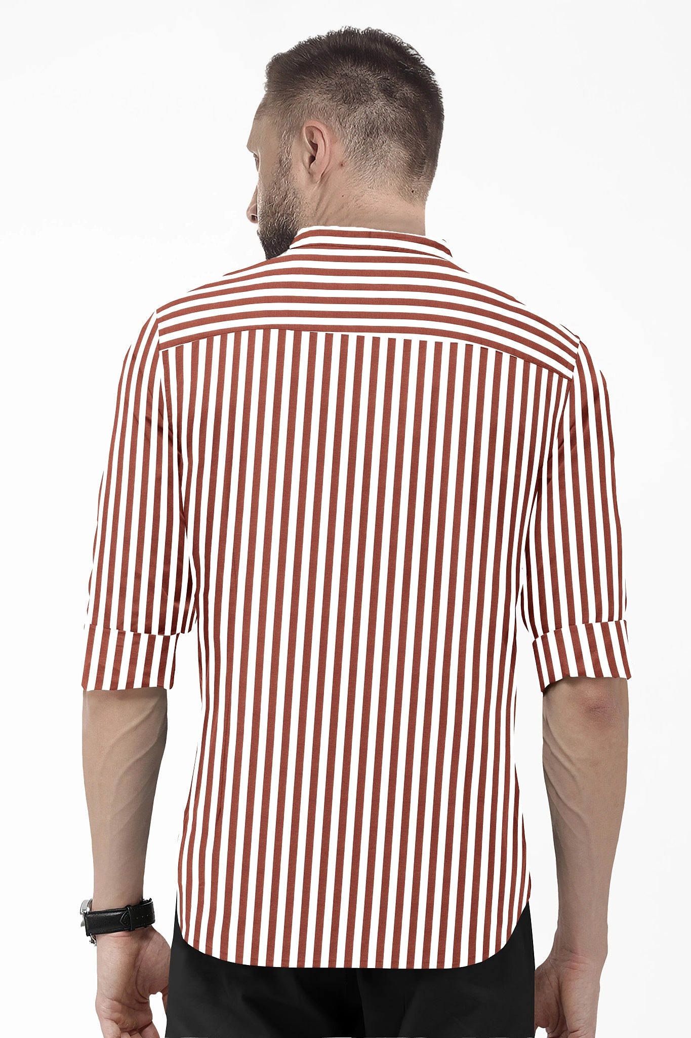 White and Russet Brown Chalk Stripes Mandarin Collar Cotton Shirt