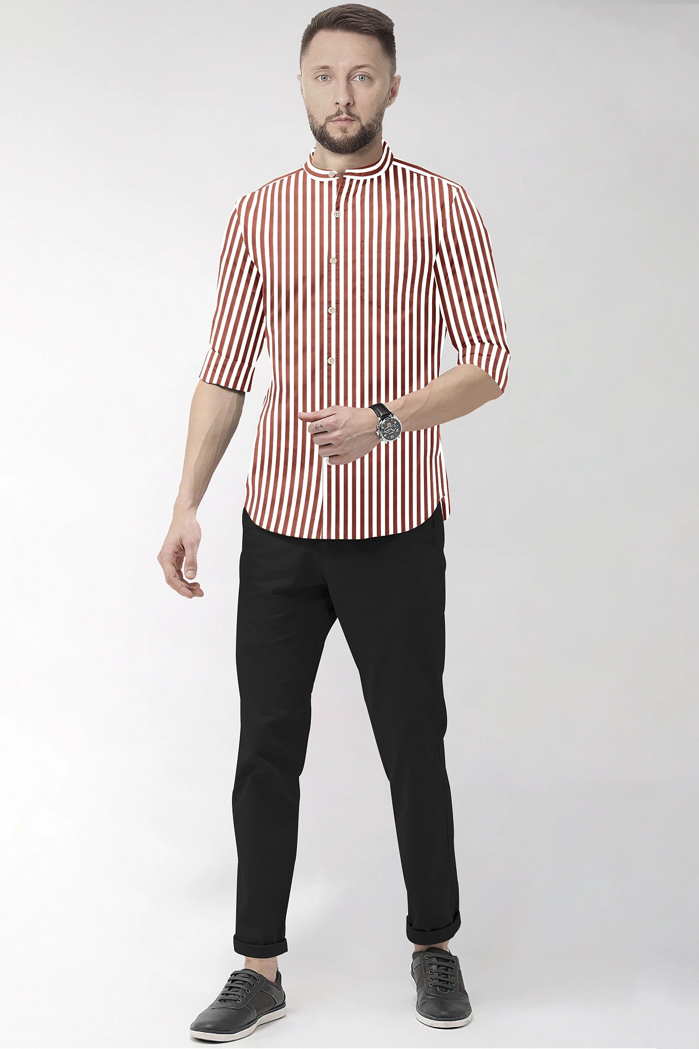 White and Russet Brown Chalk Stripes Mandarin Collar Cotton Shirt