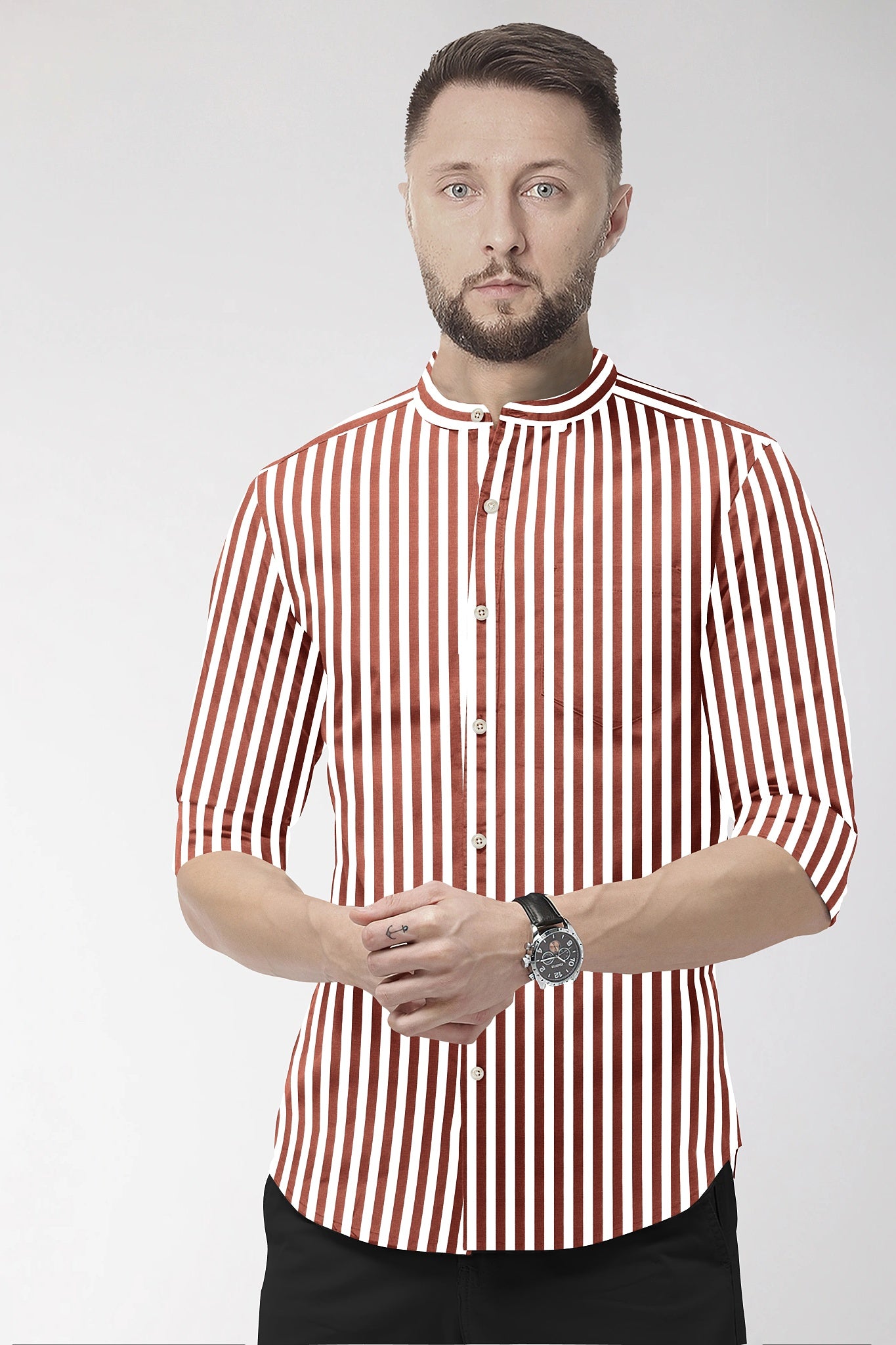 White and Russet Brown Chalk Stripes Mandarin Collar Cotton Shirt