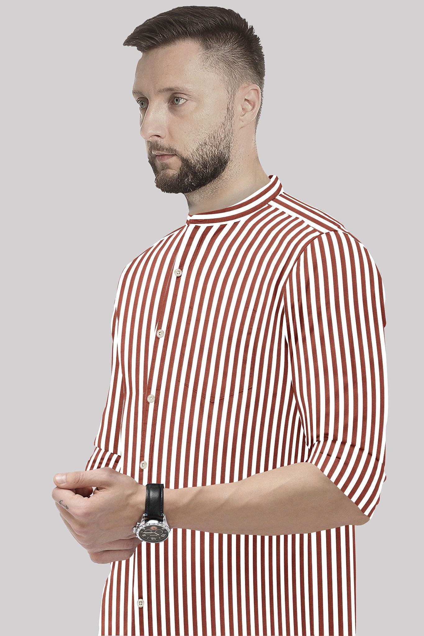 White and Russet Brown Chalk Stripes Mandarin Collar Cotton Shirt