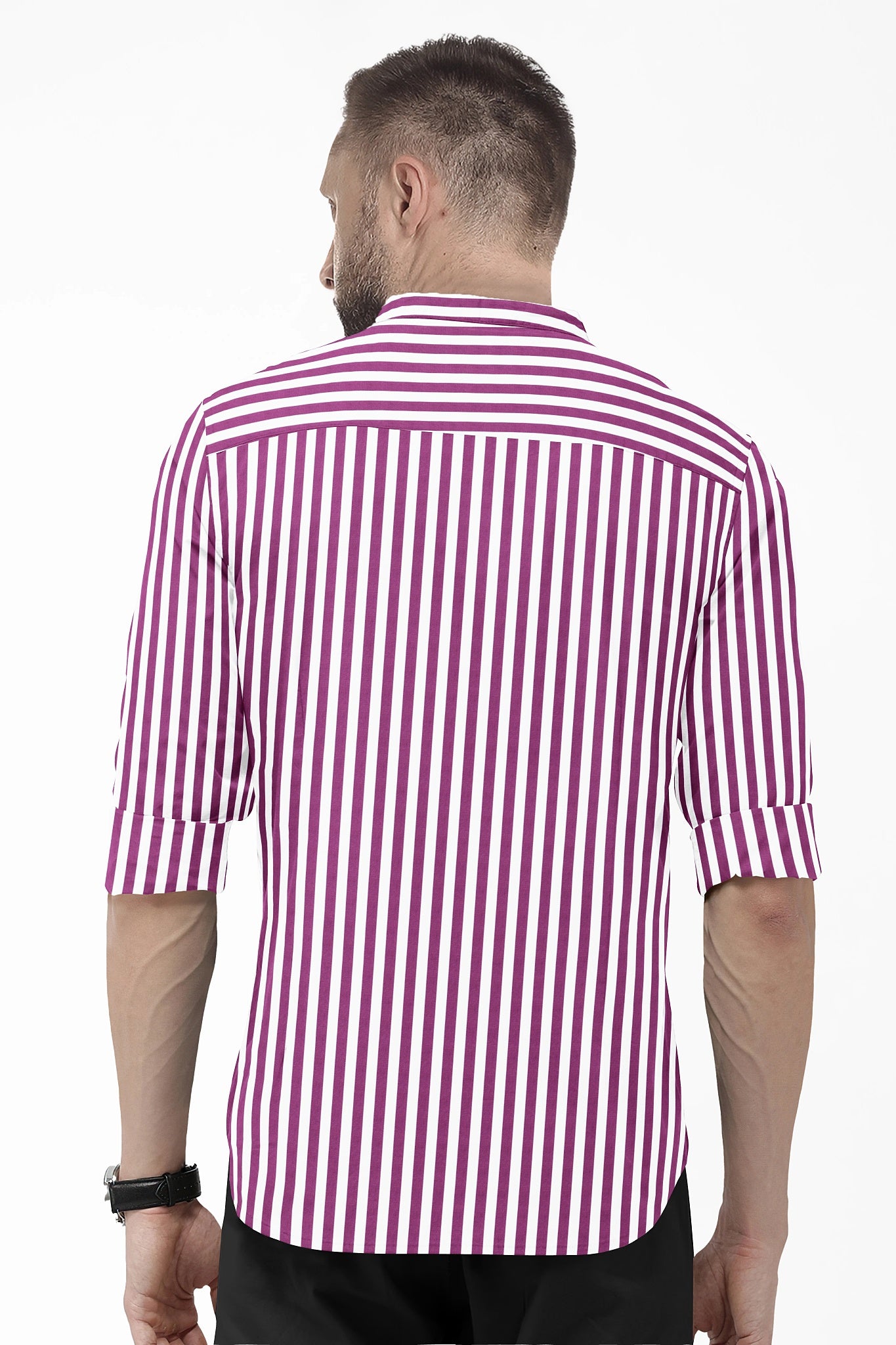 White and Grape Purple Chalk Stripes Mandarin Collar Cotton Shirt