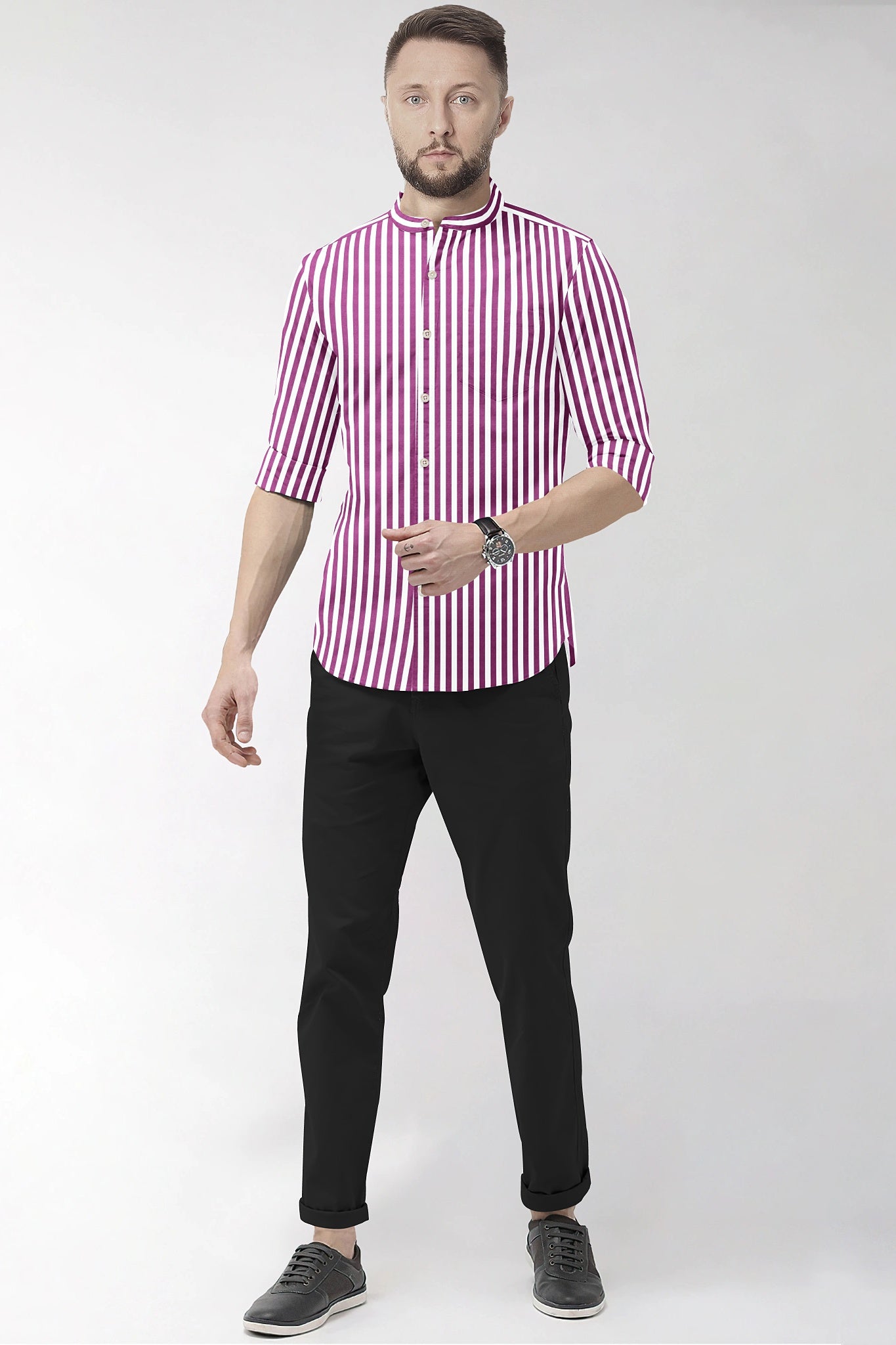 White and Grape Purple Chalk Stripes Mandarin Collar Cotton Shirt