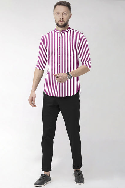 White and Grape Purple Chalk Stripes Mandarin Collar Cotton Shirt