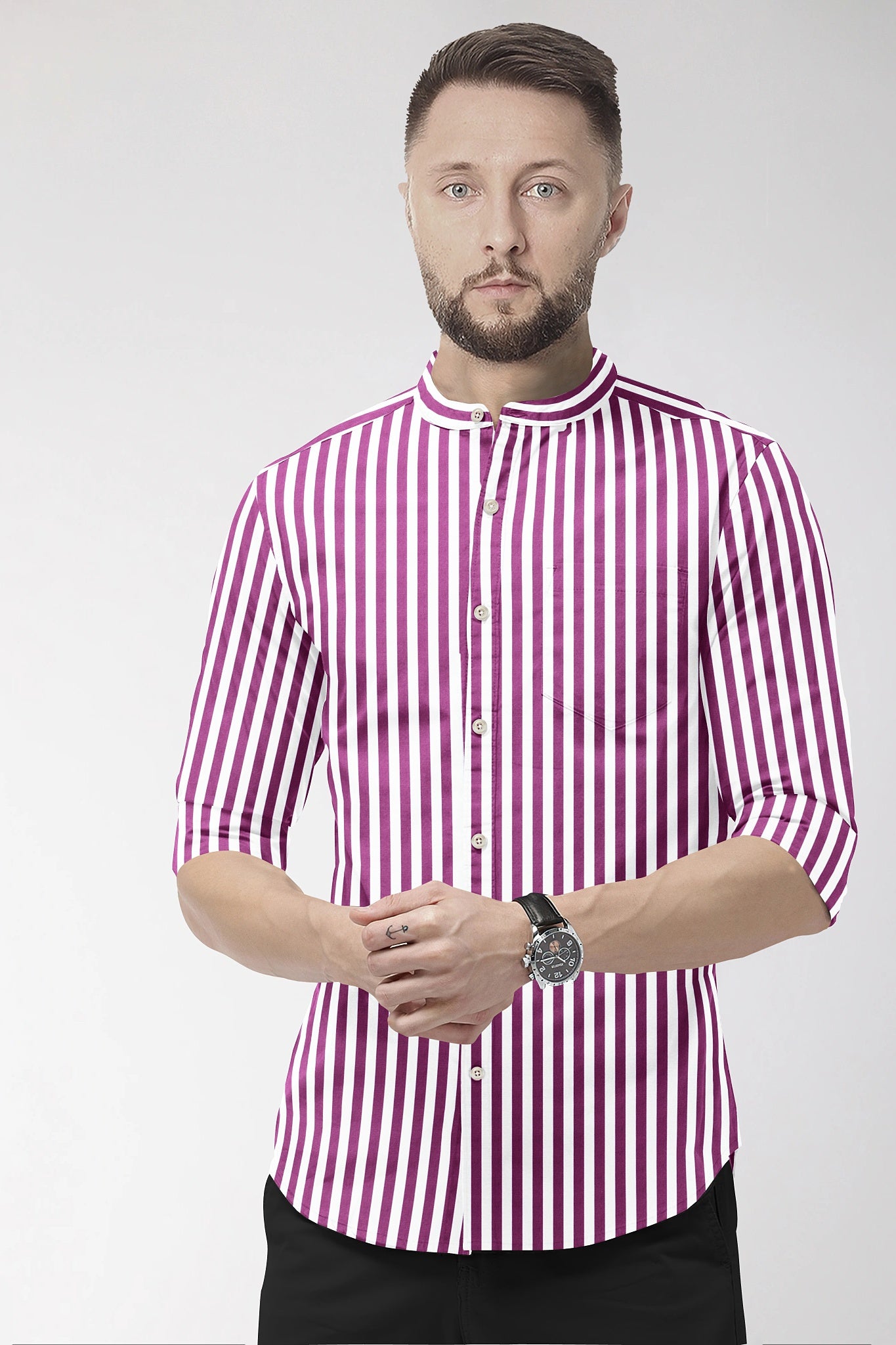 White and Grape Purple Chalk Stripes Mandarin Collar Cotton Shirt