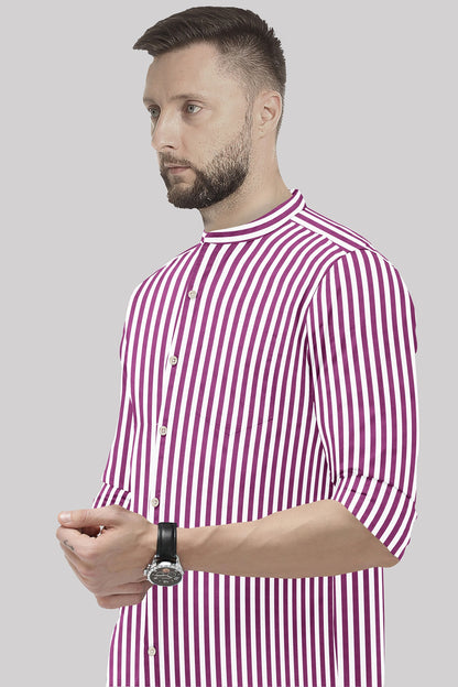 White and Grape Purple Chalk Stripes Mandarin Collar Cotton Shirt