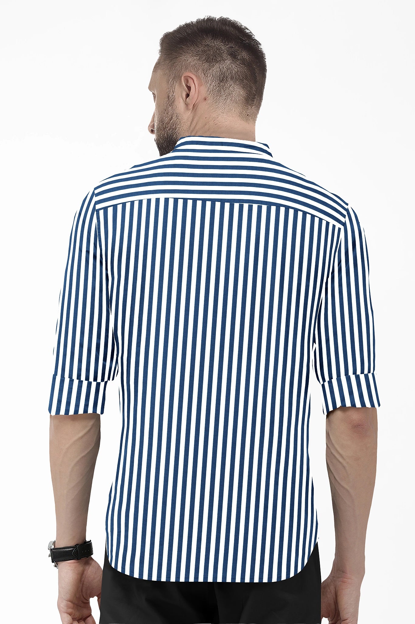 White and Victoria Blue Chalk Stripes Mandarin Collar Cotton Shirt 