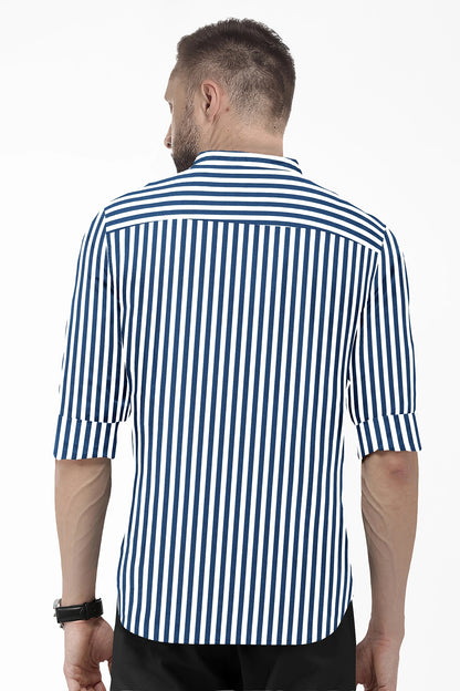 White and Victoria Blue Chalk Stripes Mandarin Collar Cotton Shirt 