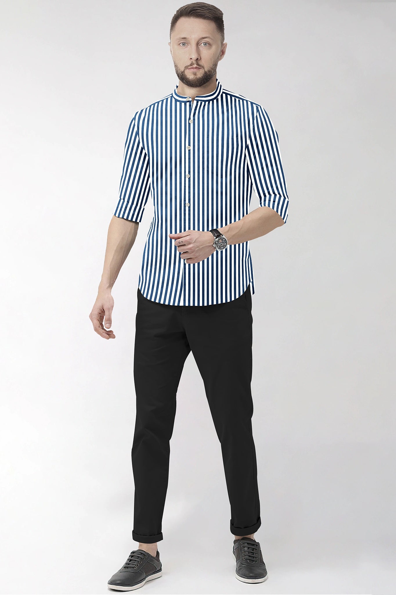 White and Victoria Blue Chalk Stripes Mandarin Collar Cotton Shirt 