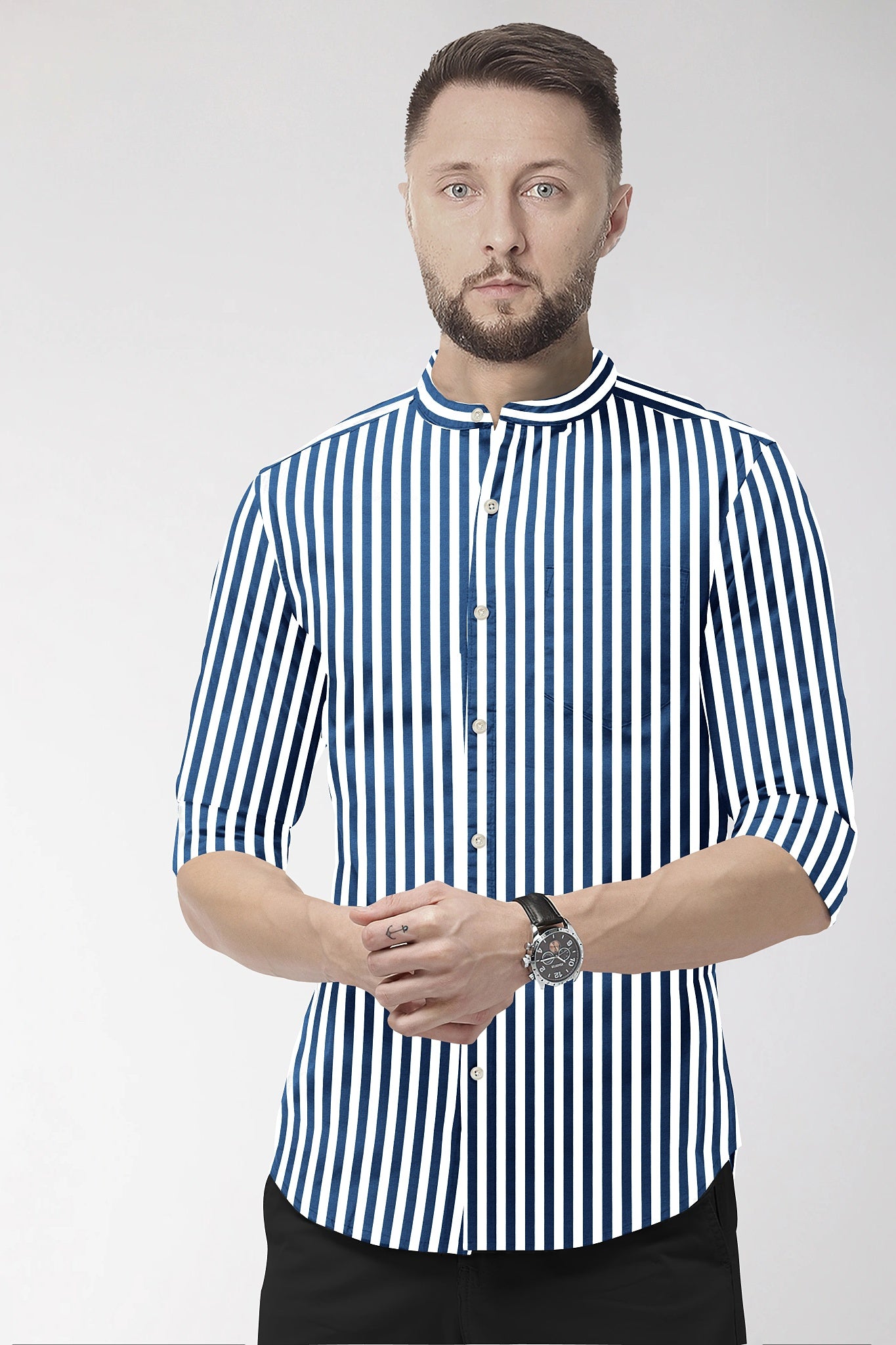 White and Victoria Blue Chalk Stripes Mandarin Collar Cotton Shirt 