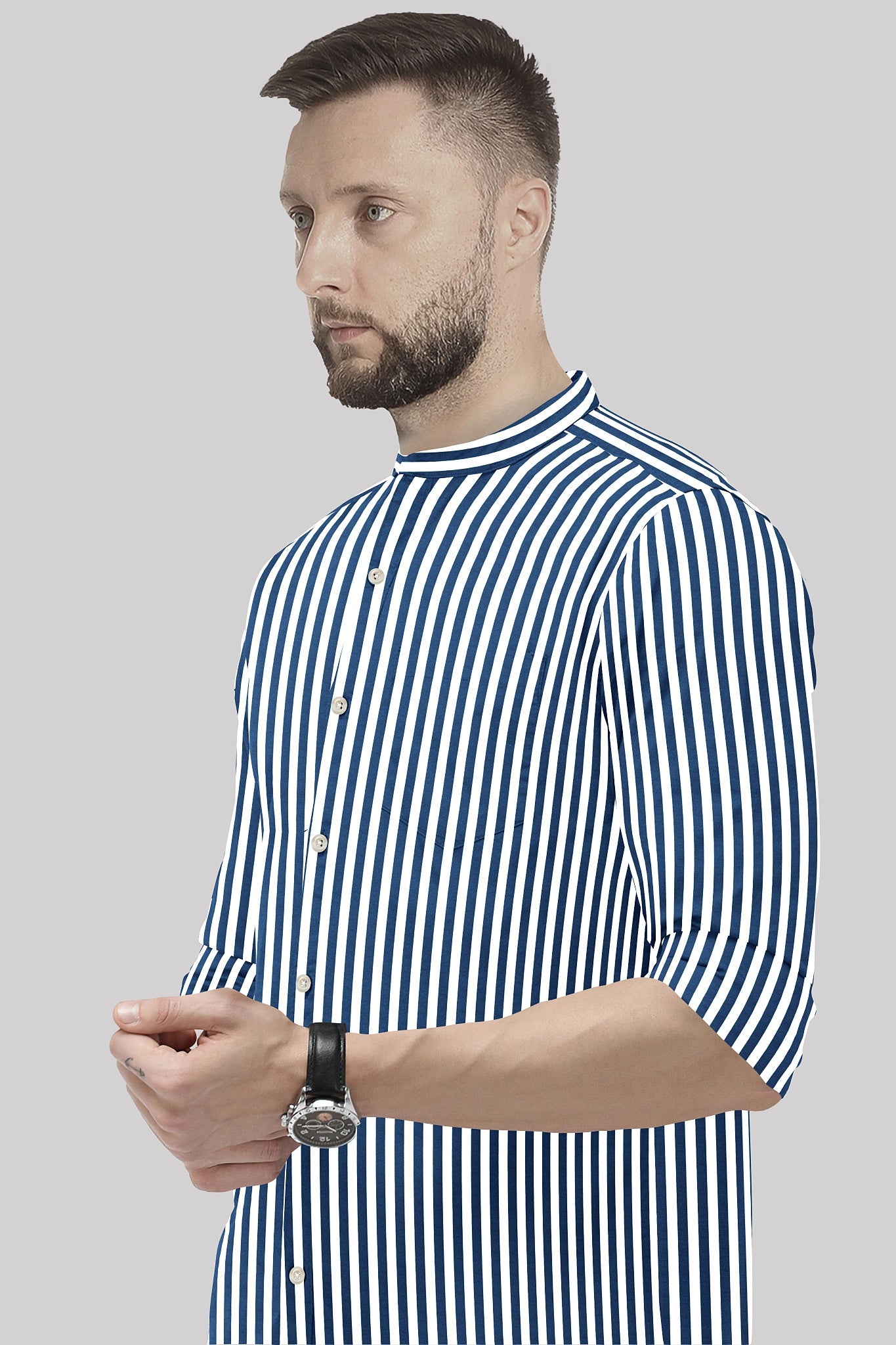 White and Victoria Blue Chalk Stripes Mandarin Collar Cotton Shirt 