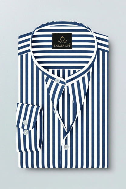 White and Victoria Blue Chalk Stripes Mandarin Collar Cotton Shirt 