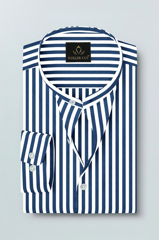 White and Victoria Blue Chalk Stripes Mandarin Collar Cotton Shirt 