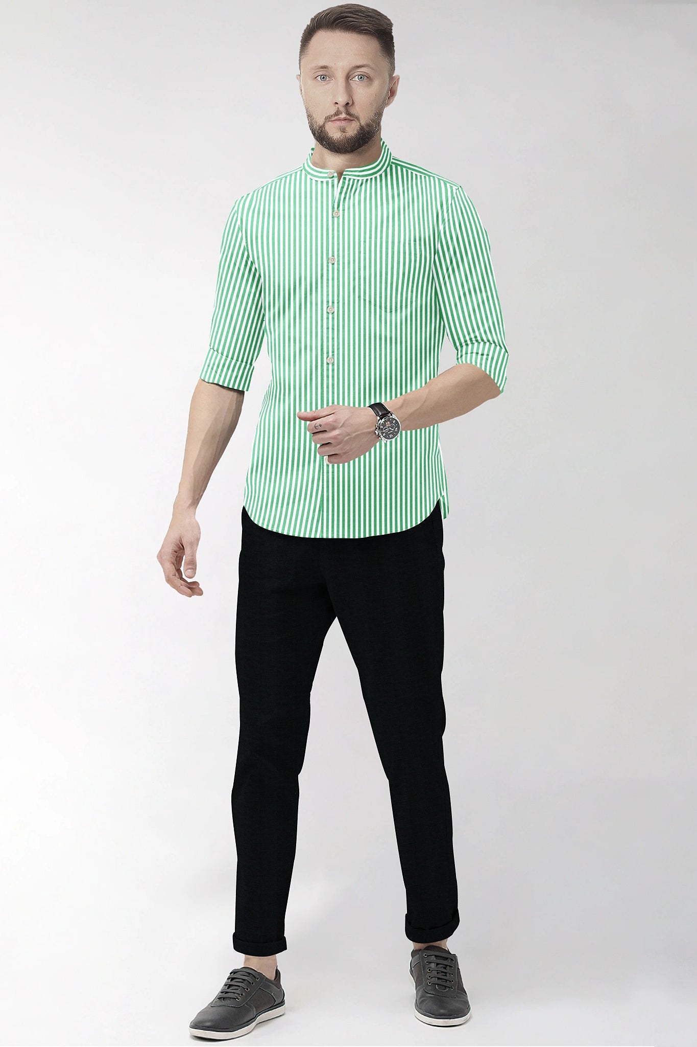 White and Zephyr Green Candy Stripes Mandarin Collar Cotton Shirt