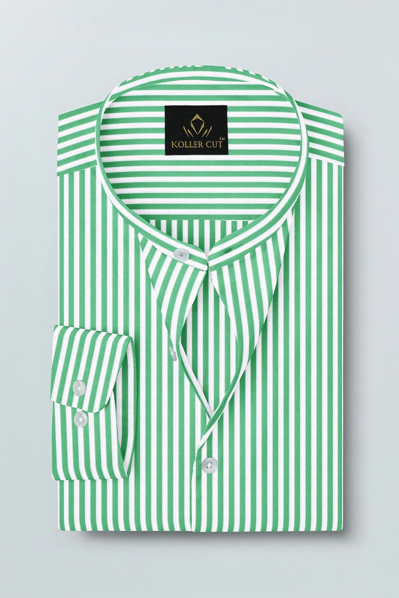 White and Zephyr Green Candy Stripes Mandarin Collar Cotton Shirt