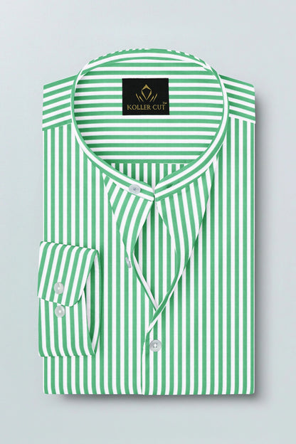 White and Zephyr Green Candy Stripes Mandarin Collar Cotton Shirt