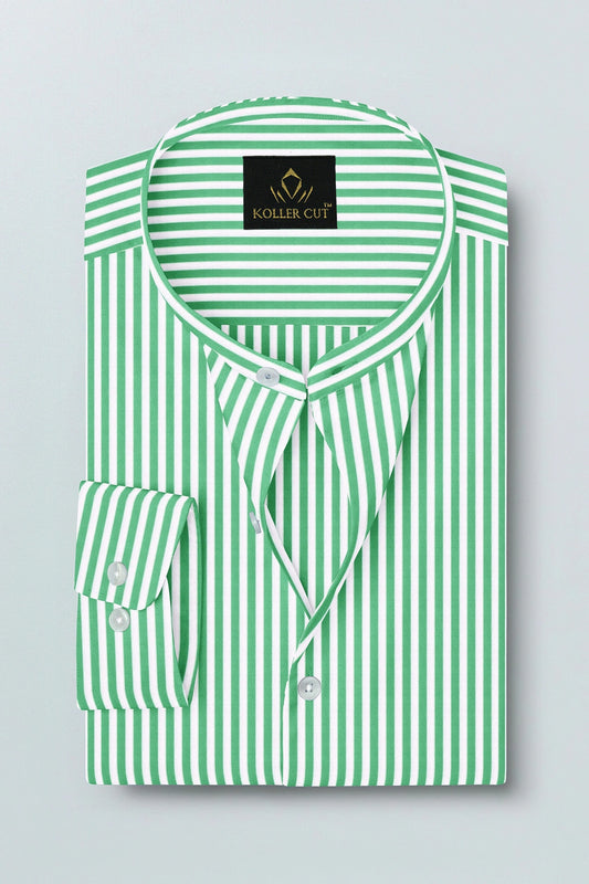 White and Zephyr Green Candy Stripes Mandarin Collar Cotton Shirt