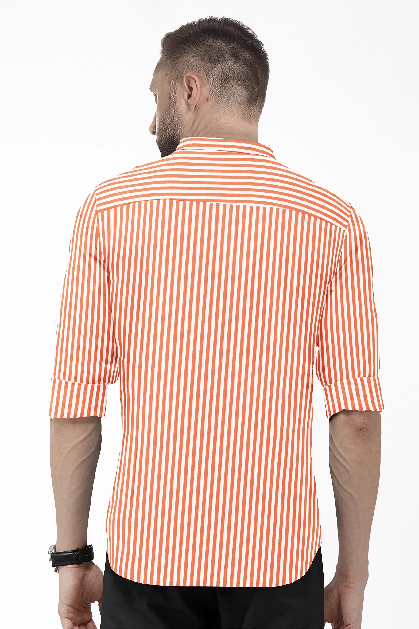 White and Celosia Orange Candy Stripes Mandarin Collar Cotton Shirt