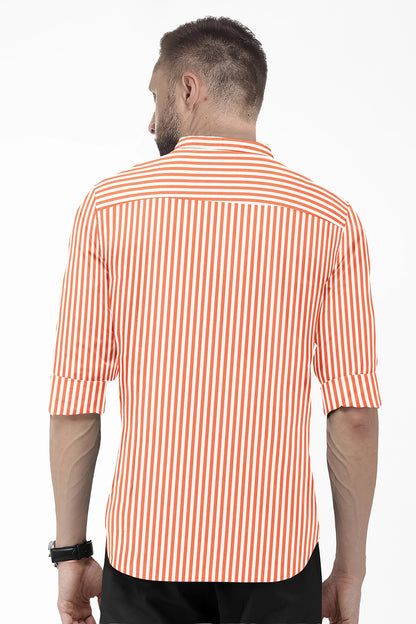 White and Celosia Orange Candy Stripes Mandarin Collar Cotton Shirt